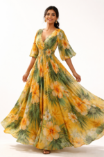 Mustard Yellow & Green Tropical Floral Georgette Gown - Image 3