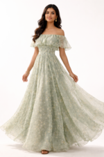 Sage Green & White Ditsy Floral Chiffon Gown - Image 2
