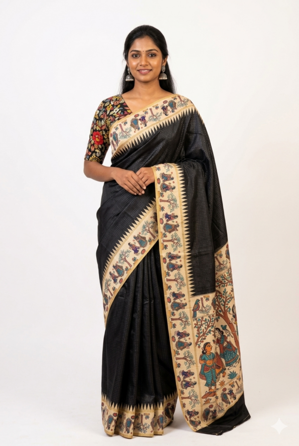 Black Color Half Tussar Differnt Pallu Saree With Contrast Matching Blouse