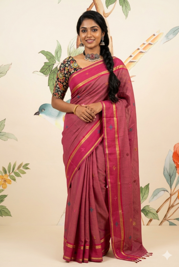 Different Pink Color Small Checked South Cotton Saree With Running Blouse