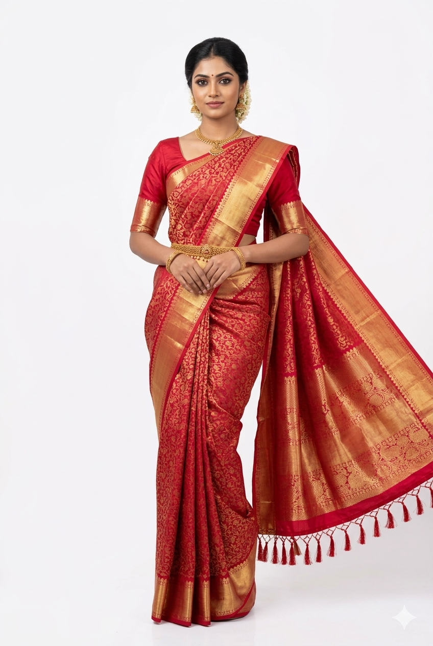 Gemini_Generated_Image_5e73gl5e73gl5e73 Pink Color All Over Floral Big Golden Border Pure Silk Saree With Running Blouse - Image 1