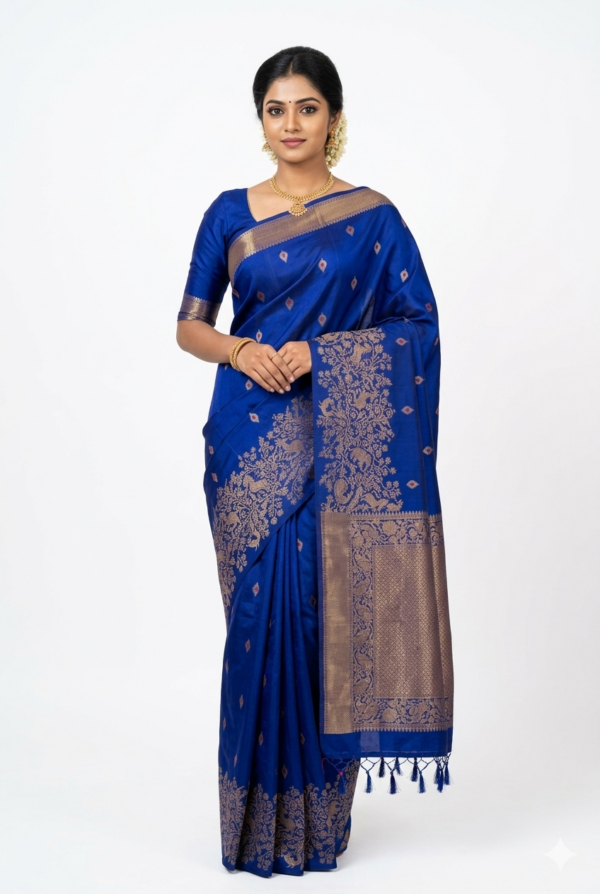 Torea Bay Color Border Different Design Pure Kancheevaram Silk Saree With Contrast Color Blouse