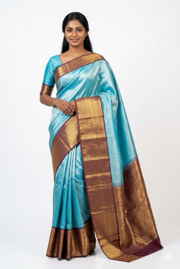 Sky Blue Color Zari Border Pure Hand Loom Silk Saree With Running Blouse