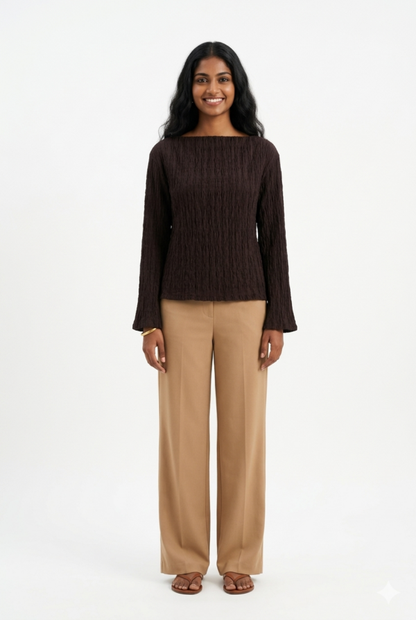Dark Brown Crinkle Texture Boat Neck Top