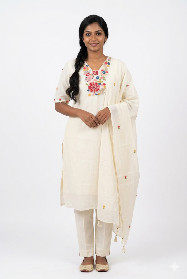 Creamy White Neck Embroidery Cotton Top (T.L 44') And Parallel Pant (P.H. 38') With Cotton Dupatta