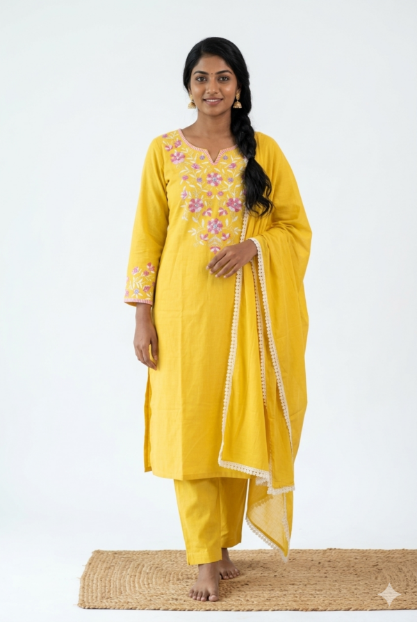 Yellow Color Cotton Top (T.L.45') and Parallel Pant (P.H.35') with Soft Cotton Dupatta