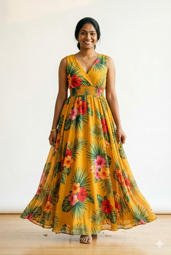 Mustard Yellow & Green Tropical Floral Georgette Gown