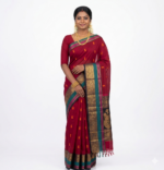 Deep Crimson Red & Black Pure Cotton Saree with Heavy Gold Zari Border — Traditional Paisley Butta Motifs | Summer Special