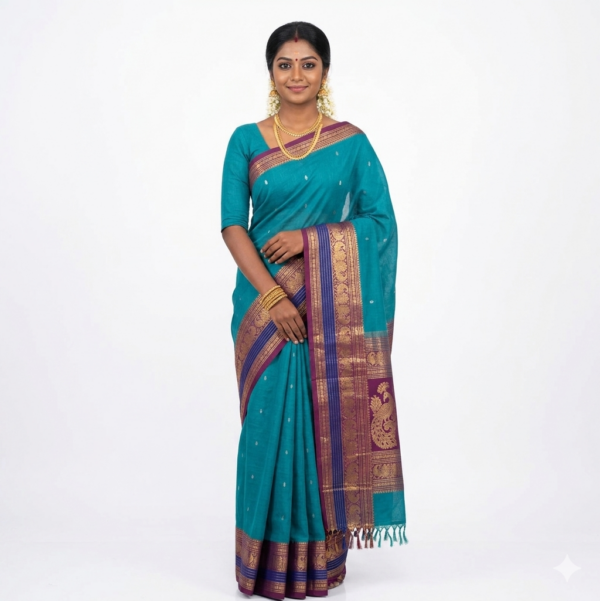 Peacock Teal & Wine Purple Pure Cotton Saree with Heavy Gold Zari Border — Traditional Butta Motifs | Summer Special