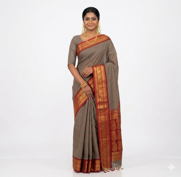 Warm Earthy Grey Pure Cotton Saree with Rich Red & Antique Gold Zari Paisley Border — Traditional Red Butta Motifs | Summer Special