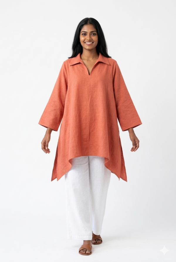 Coral Terracotta Oversized Linen Tunic Top