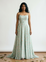 Sage Green & White Ditsy Floral Chiffon Gown - Image 3