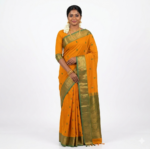 Marigold Orange Pure Cotton Saree with Forest Green Heavy Gold Zari Temple Border — Traditional Paisley Butta | Summer Special