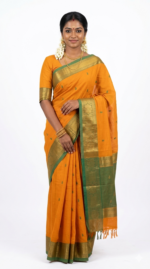 Marigold Orange Pure Cotton Saree with Forest Green Heavy Gold Zari Temple Border — Traditional Paisley Butta | Summer Special - Image 3