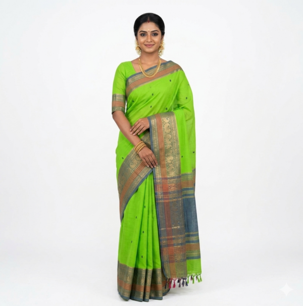 Parrot Green Pure Cotton Saree with Multi-Tone Gold Zari Border — Traditional Dark Butta Motifs | Summer Special