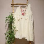 Creamy White Neck Embroidery Cotton Top (T.L 44') And Parallel Pant (P.H. 38') With Cotton Dupatta - Image 3