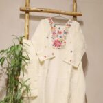 Creamy White Neck Embroidery Cotton Top (T.L 44') And Parallel Pant (P.H. 38') With Cotton Dupatta - Image 2
