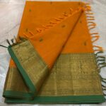 Marigold Orange Pure Cotton Saree with Forest Green Heavy Gold Zari Temple Border — Traditional Paisley Butta | Summer Special - Image 2