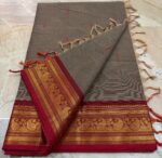 Warm Earthy Grey Pure Cotton Saree with Rich Red & Antique Gold Zari Paisley Border — Traditional Red Butta Motifs | Summer Special - Image 2