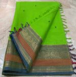 Parrot Green Pure Cotton Saree with Multi-Tone Gold Zari Border — Traditional Dark Butta Motifs | Summer Special - Image 2