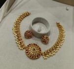 Antique Gold Ruby Pearl Choker Necklace Set with Circular Temple Pendant & Matching Stud Earrings — Traditional South Indian Imitation Jewellery - Image 2
