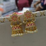 Antique Gold Ruby Pearl Jhumka Earrings with Floral Stud Top — Traditional South Indian Temple Imitation Jewellery - Image 2