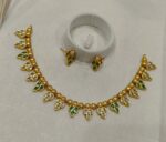 Antique Gold Emerald Green & White CZ Leaf Cluster Necklace Set with Matching Stud Earrings — Traditional South Indian Imitation Jewellery - Image 2
