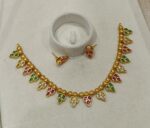 Antique Gold Ruby Emerald & White CZ Tricolour Leaf Cluster Necklace Set — Traditional South Indian Imitation Jewellery - Image 2