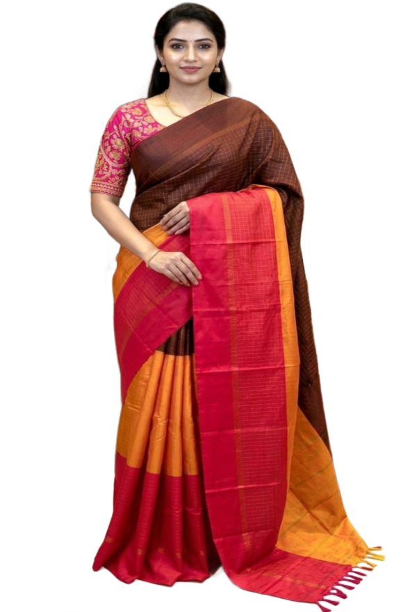 Arani Soft Silk Saree — Deep Chocolate Brown & Crimson Red Triple Colour
