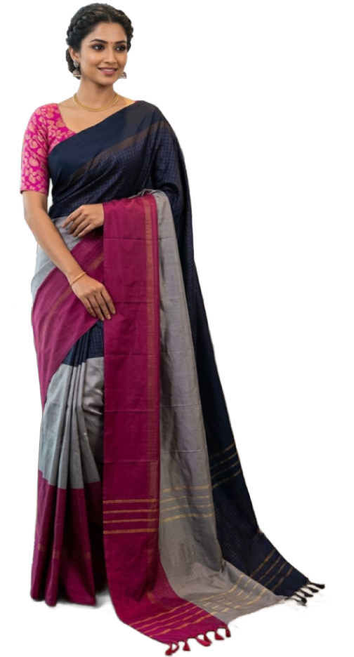 Arani Soft Silk Saree — Navy Blue, Silver Grey & Wine Purple Triple Colour