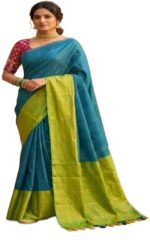 Arani Soft Silk Saree — Teal Blue & Lime Green Dual Colour