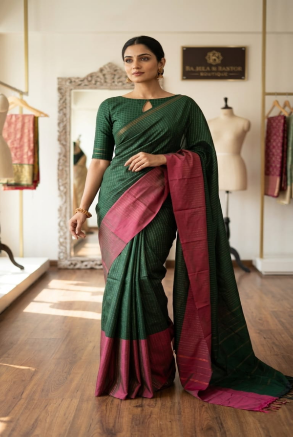 Arani Soft Silk Saree — Deep Forest Green & Wine Pink Dual Colour