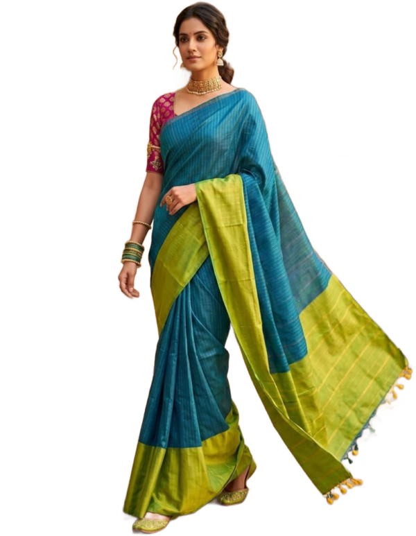 Arani Soft Silk Saree — Teal Blue & Lime Green Dual Colour