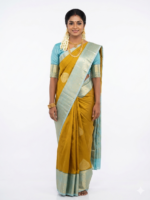 Mustard Yellow Soft Silk Saree with Sky Blue Zari Border & Medallion Pallu | Festive & Wedding Wear