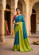 Arani Soft Silk Saree — Teal Blue & Lime Green Dual Colour - Image 2
