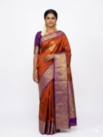 Rust Orange Kanjivaram Silk Saree with Royal Purple Heavy Zari Border & Peacock Pallu | Bridal & Wedding Wear