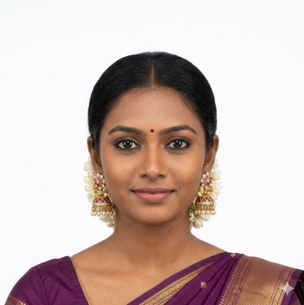 Antique Gold Ruby Pearl Jhumka Earrings with Floral Stud Top — Traditional South Indian Temple Imitation Jewellery