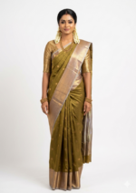 Olive Green Kanjivaram Tissue Silk Saree with Antique Gold & Silver Dual-Tone Zari Pallu | Festive & Bridal Wear