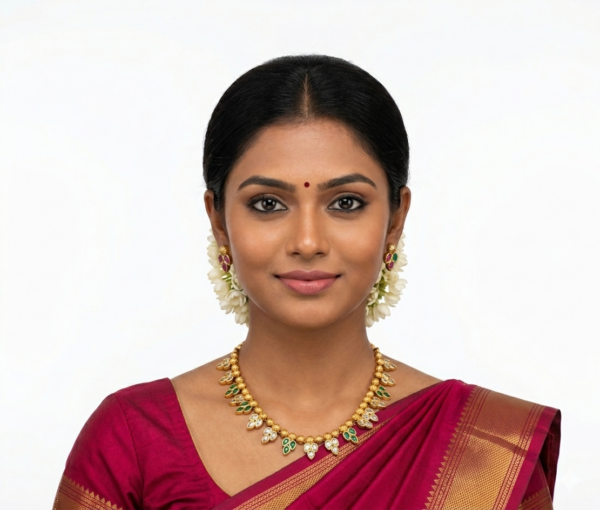 Antique Gold Ruby Emerald & White CZ Tricolour Leaf Cluster Necklace Set — Traditional South Indian Imitation Jewellery