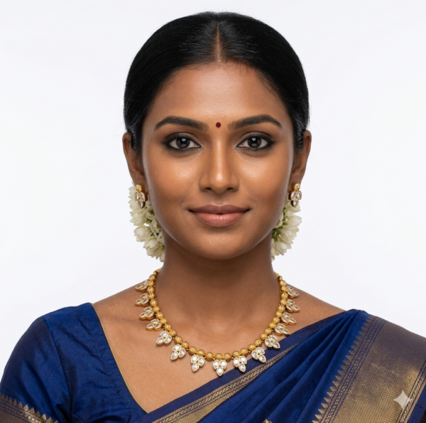 Antique Gold Pure White CZ Diamond Leaf Cluster Necklace Set with Matching Stud Earrings — Classic South Indian Imitation Jewellery