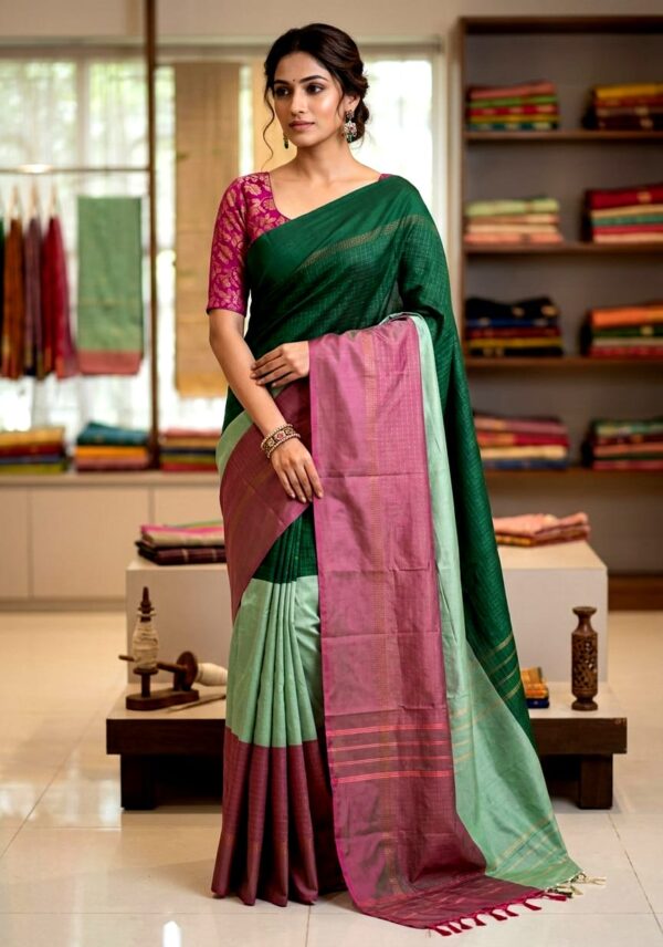 Arani Soft Silk Saree — Deep Bottle Green, Mint & Wine Rose Triple Colour