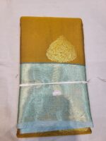 Mustard Yellow Soft Silk Saree with Sky Blue Zari Border & Medallion Pallu | Festive & Wedding Wear - Image 2